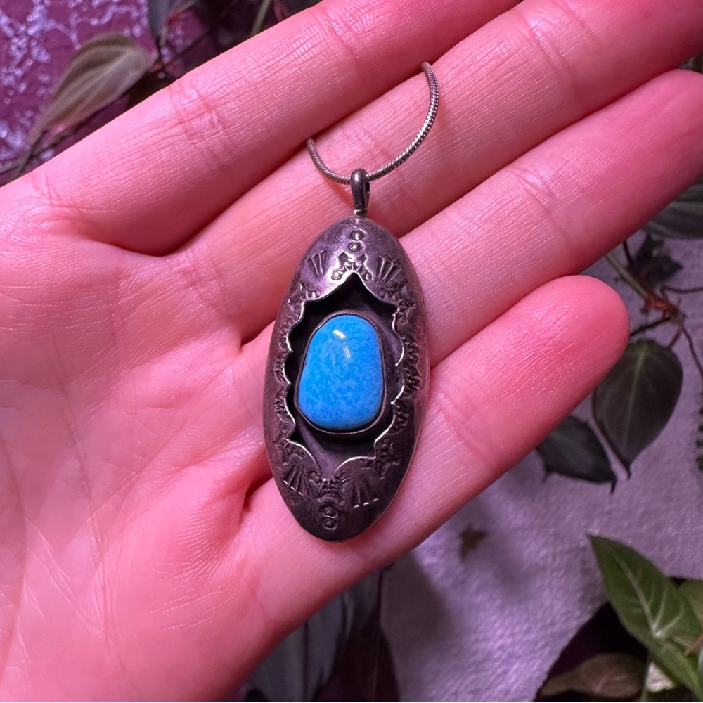 Signed Teresa Navajo Sterling Silver 925 Turquoise Shadowbox Pendant Vintage